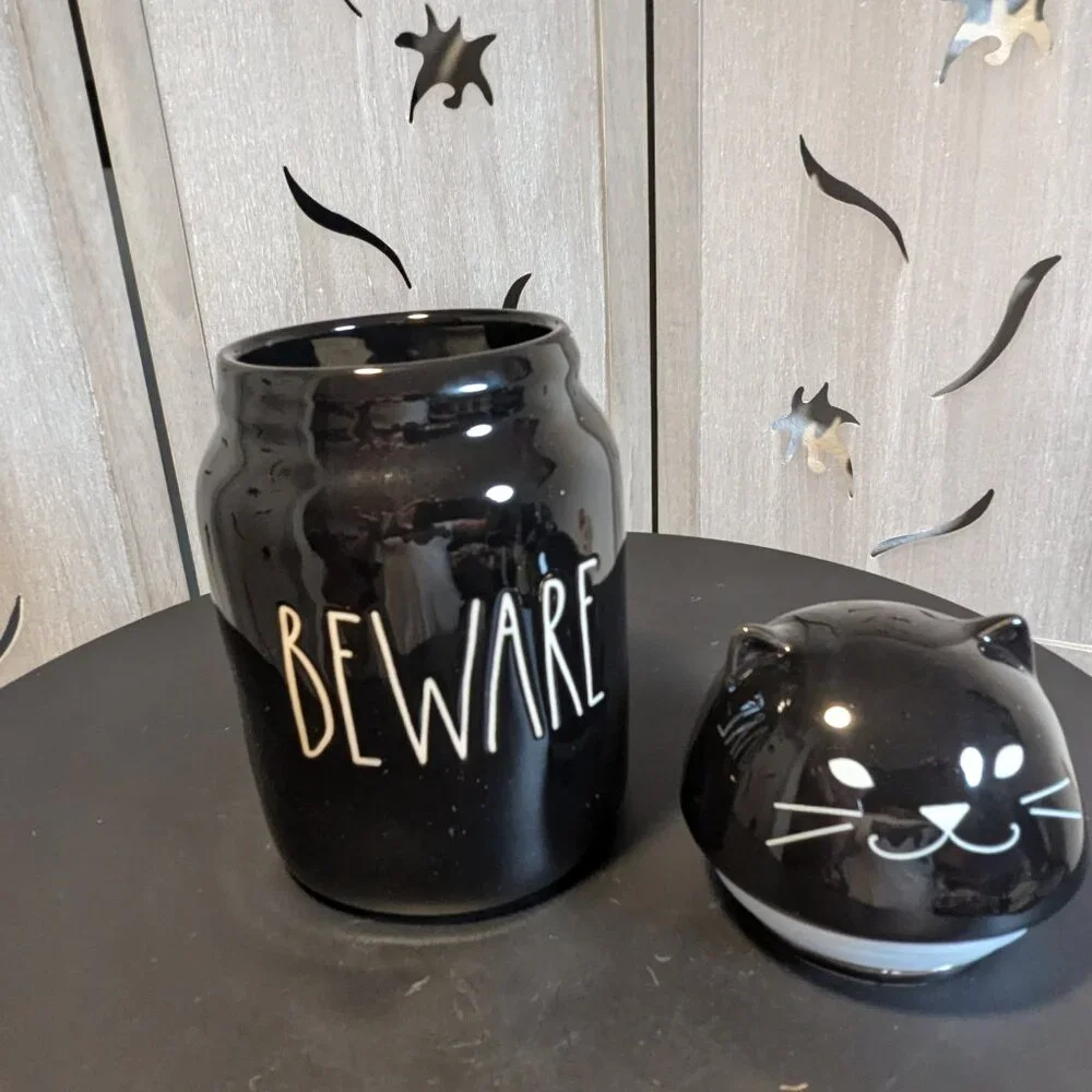 new RAE DUNN 7in Beware Cat Canister With Lid Halloween decor snack jar